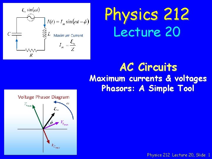 Physics 212 Lecture 20 AC Circuits Maximum currents & voltages Phasors: A Simple Tool