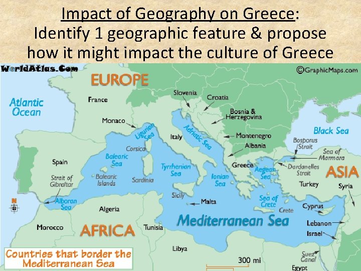 Impact of Geography on Greece: Identify 1 geographic feature & propose how it might