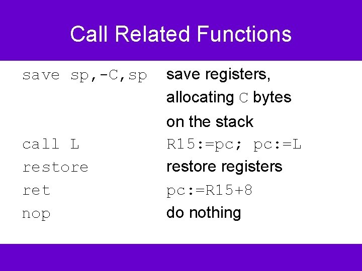 Call Related Functions save sp, -C, sp call L restore ret nop save registers,