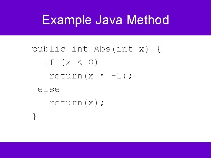 Example Java Method public int Abs(int x) { if (x < 0) return(x *