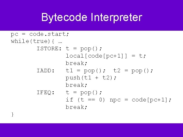 Bytecode Interpreter pc = code. start; while(true){ … ISTORE: t = pop(); local[code[pc+1]] =