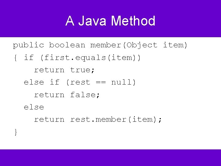 A Java Method public boolean member(Object item) { if (first. equals(item)) return true; else