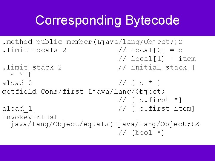 Corresponding Bytecode. method public member(Ljava/lang/Object; )Z. limit locals 2 // local[0] = o //