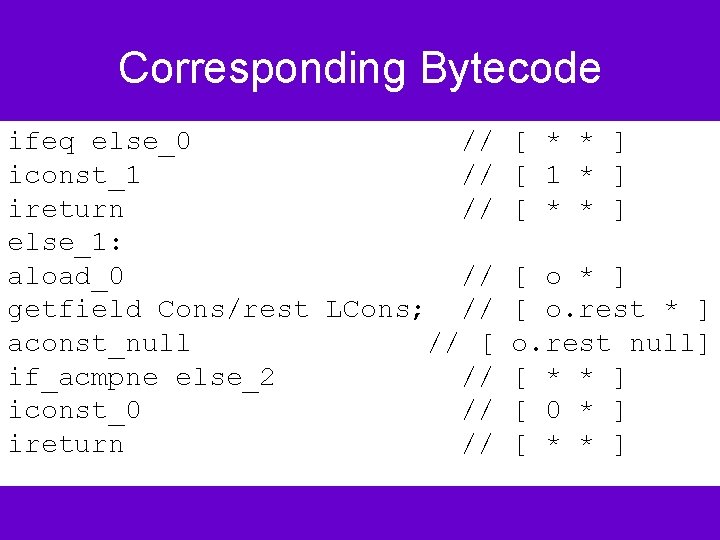 Corresponding Bytecode ifeq else_0 // iconst_1 // ireturn // else_1: aload_0 // getfield Cons/rest