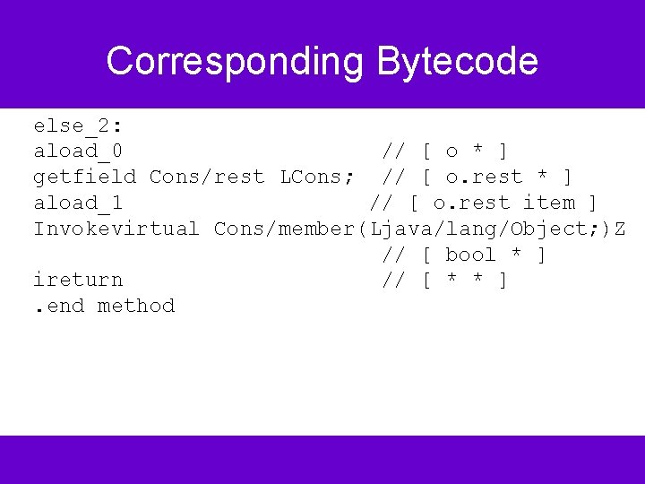Corresponding Bytecode else_2: aload_0 // [ o * ] getfield Cons/rest LCons; // [
