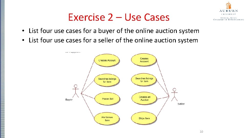 Exercise 2 – Use Cases • List four use cases for a buyer of