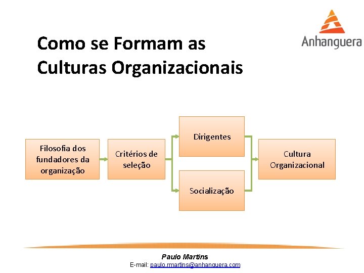 Como se Formam as Culturas Organizacionais Dirigentes Filosofia dos fundadores da organização Critérios de