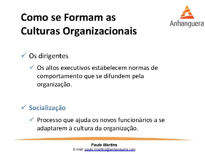 Como se Formam as Culturas Organizacionais ü Os dirigentes ü Os altos executivos estabelecem