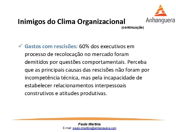 Inimigos do Clima Organizacional (continuação) ü Gastos com rescisões: 60% dos executivos em processo