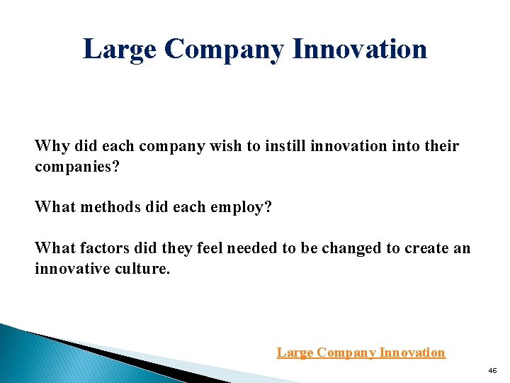 Large Company Innovation Why did each company wish to instill innovation into their companies?
