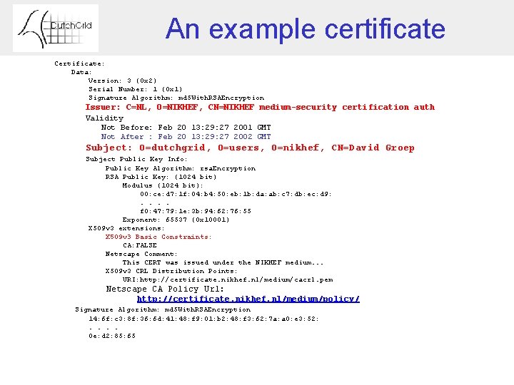 An example certificate Certificate: Data: Version: 3 (0 x 2) Serial Number: 1 (0