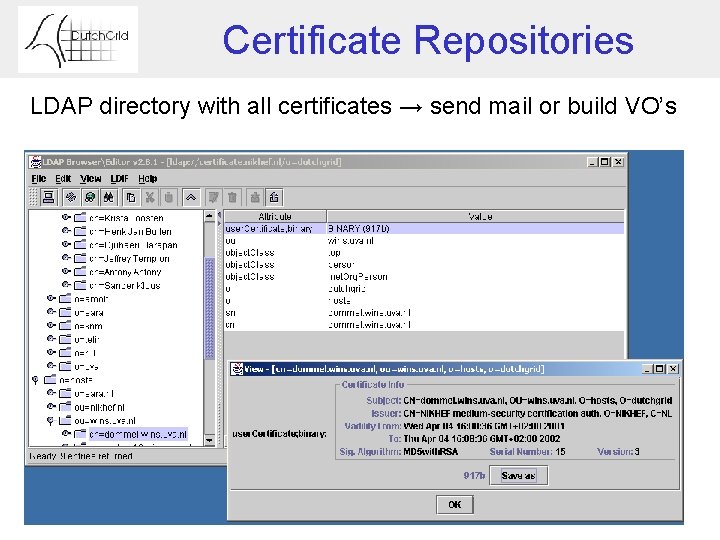 Certificate Repositories LDAP directory with all certificates → send mail or build VO’s 