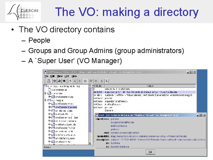 The VO: making a directory • The VO directory contains – People – Groups