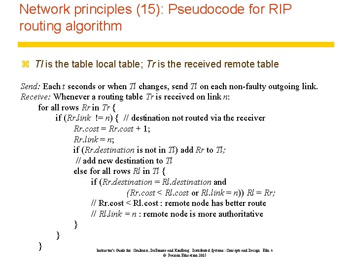 Network principles (15): Pseudocode for RIP routing algorithm z Tl is the table local