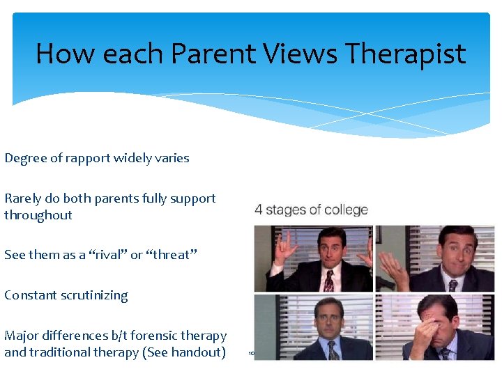 How each Parent Views Therapist Degree of rapport widely varies Rarely do both parents