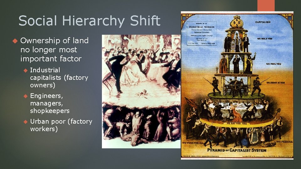 Social Hierarchy Shift Ownership of land no longer most important factor Industrial capitalists (factory