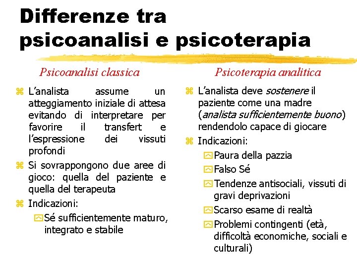 Differenze tra psicoanalisi e psicoterapia Psicoanalisi classica Psicoterapia analitica z L’analista assume un atteggiamento