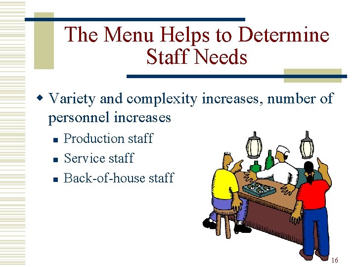 The Menu Helps to Determine Staff Needs w Variety and complexity increases, number of