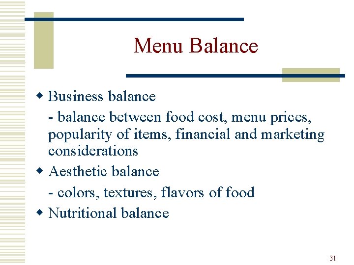 Menu Balance w Business balance - balance between food cost, menu prices, popularity of