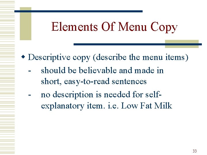 Elements Of Menu Copy w Descriptive copy (describe the menu items) - should be