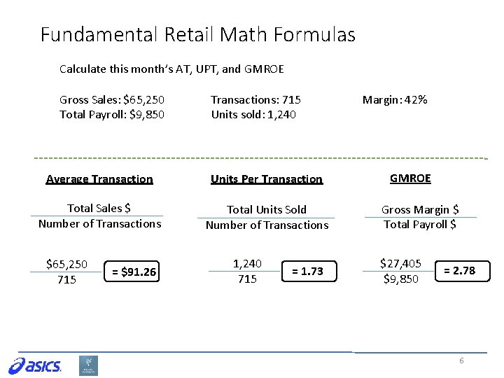 Fundamental Retail Math Formulas Calculate this month’s AT, UPT, and GMROE Gross Sales: $65,