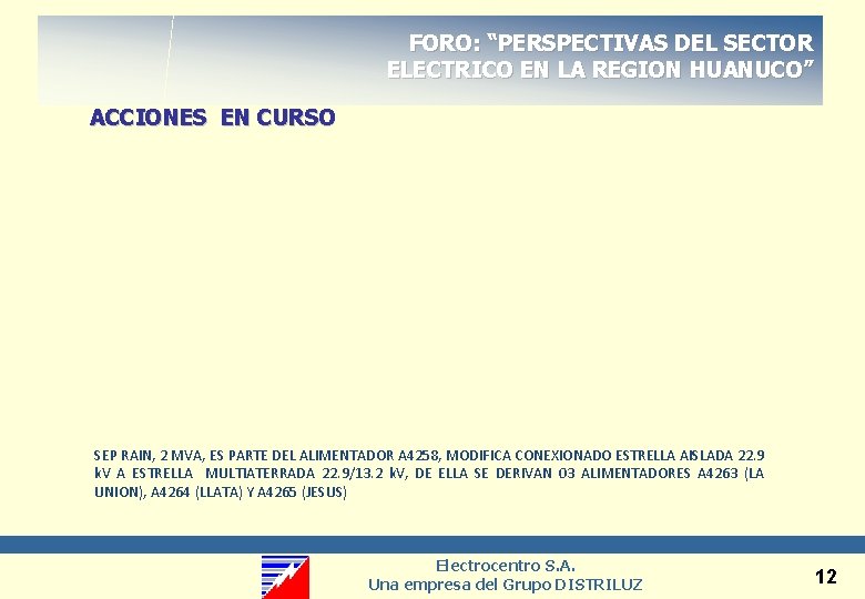FORO: “PERSPECTIVAS DEL SECTOR ELECTRICO EN LA REGION HUANUCO” ACCIONES EN CURSO SEP RAIN,