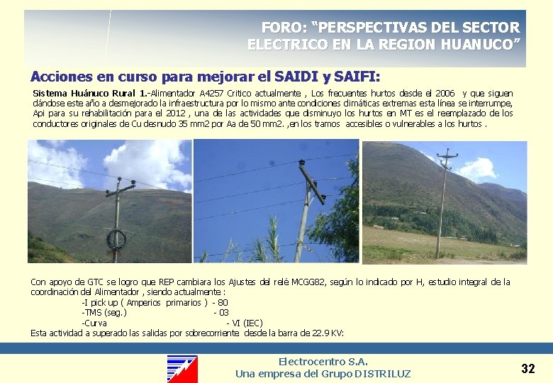 FORO: “PERSPECTIVAS DEL SECTOR ELECTRICO EN LA REGION HUANUCO” Acciones en curso para mejorar