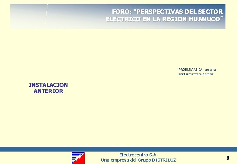 FORO: “PERSPECTIVAS DEL SECTOR ELECTRICO EN LA REGION HUANUCO” PROBLEMÁTICA anterior parcialmente superada INSTALACION