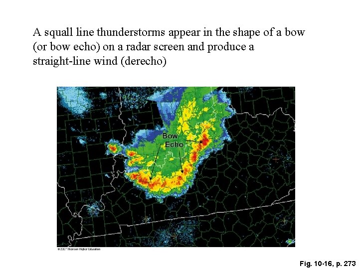 A squall line thunderstorms appear in the shape of a bow (or bow echo)