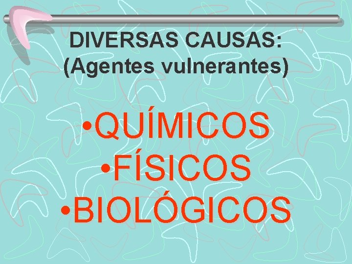 DIVERSAS CAUSAS: (Agentes vulnerantes) • QUÍMICOS • FÍSICOS • BIOLÓGICOS 