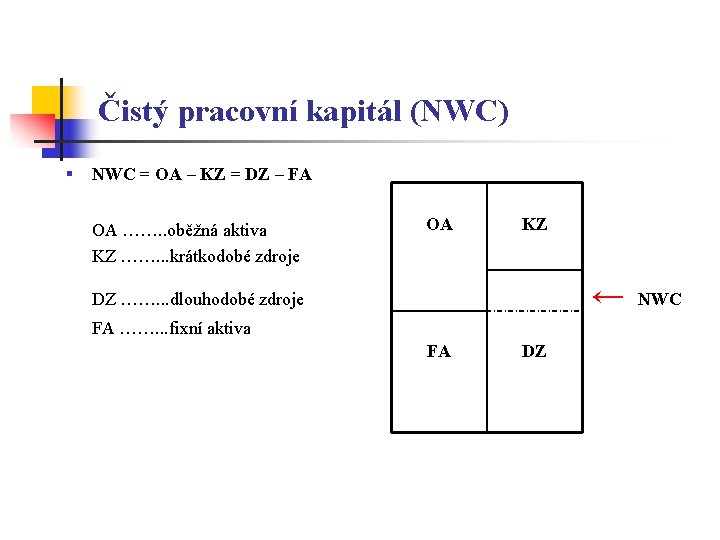 Čistý pracovní kapitál (NWC) § NWC = OA – KZ = DZ – FA