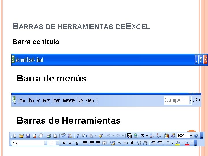BARRAS DE HERRAMIENTAS DE EXCEL Barra de título Barra de menús Barras de Herramientas BARRAS DE HERRAMIENTAS DE EXCEL Barra de título Barra de menús Barras de Herramientas
