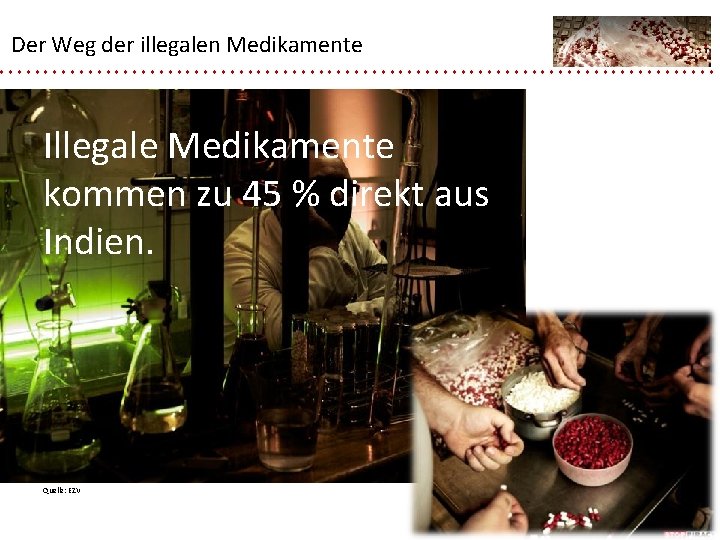 Der Weg der illegalen Medikamente Illegale Medikamente kommen zu 45 % direkt aus Indien.