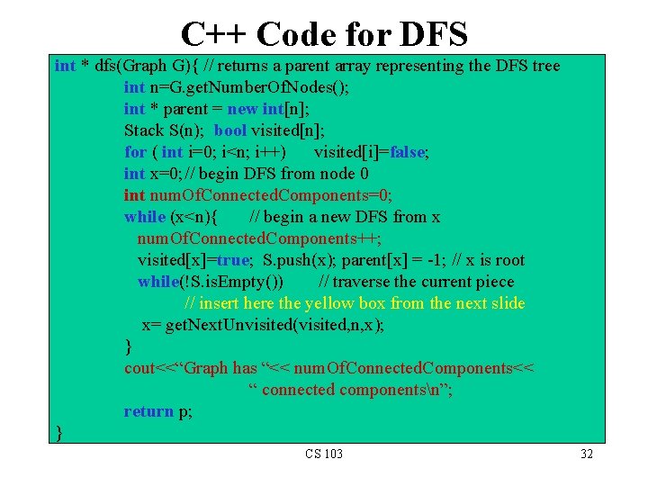 C++ Code for DFS int * dfs(Graph G){ // returns a parent array representing