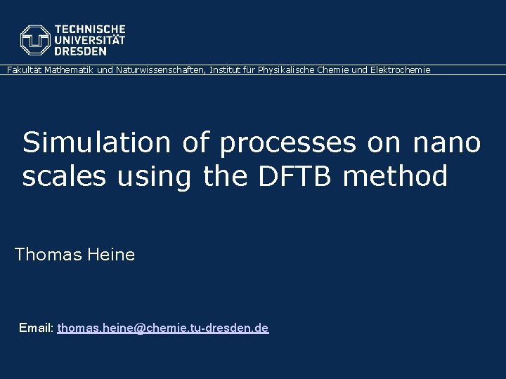 Fakultät Mathematik und Naturwissenschaften, Institut für Physikalische Chemie und Elektrochemie Simulation of processes on