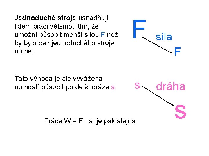 Jednoduché stroje usnadňují lidem práci, většinou tím, že umožní působit menší silou F než