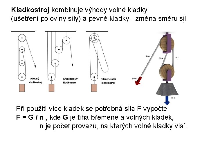 Kladkostroj kombinuje výhody volné kladky (ušetření poloviny síly) a pevné kladky - změna směru