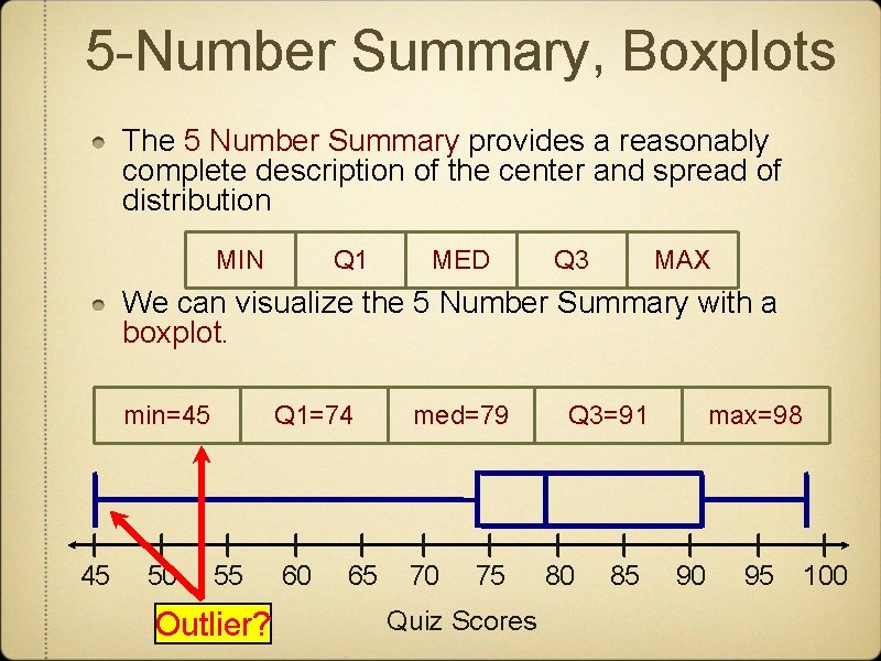 5 -Number Summary, Boxplots The 5 Number Summary provides a reasonably complete description of