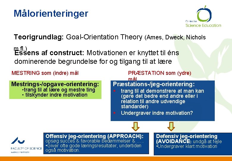 Målorienteringer Teorigrundlag: Goal-Orientation Theory (Ames, Dweck, Nichols m. fl. ) Essens af construct: Motivationen