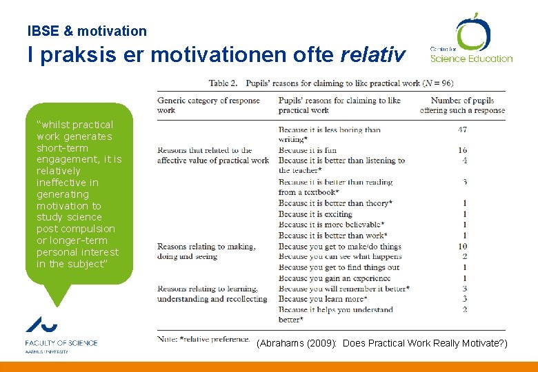 IBSE & motivation I praksis er motivationen ofte relativ “whilst practical work generates short-term