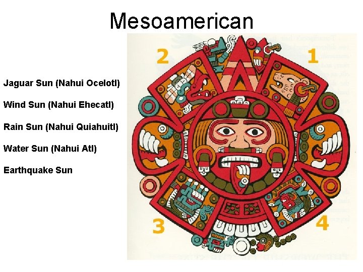 Mesoamerican Jaguar Sun (Nahui Ocelotl) Wind Sun (Nahui Ehecatl) Rain Sun (Nahui Quiahuitl) Water