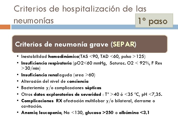 Criterios de hospitalización de las neumonías 1º paso Criterios de neumonía grave (SEPAR) SEPAR