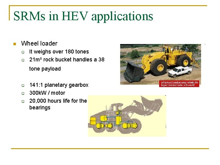 SRMs in HEV applications n Wheel loader q q It weighs over 180 tones
