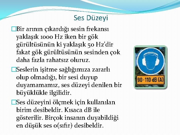 Ses Düzeyi �Bir arının çıkardığı sesin frekansı yaklaşık 1000 Hz iken bir gök gürültüsünün