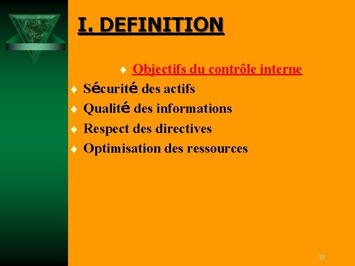 I. DEFINITION Objectifs du contrôle interne Sécurité des actifs Qualité des informations Respect des