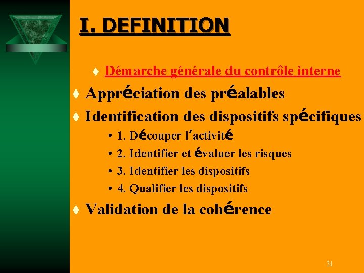 I. DEFINITION t t t Démarche générale du contrôle interne Appréciation des préalables Identification