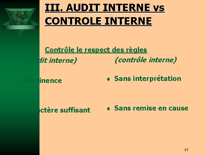 III. AUDIT INTERNE vs CONTROLE INTERNE Contrôle le respect des règles (contrôle interne) (audit