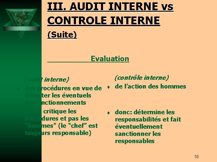 III. AUDIT INTERNE vs CONTROLE INTERNE (Suite) Evaluation (audit interne) t t des procédures