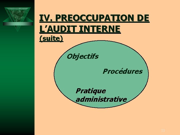 IV. PREOCCUPATION DE L’AUDIT INTERNE (suite) Objectifs Procédures Pratique administrative 53 