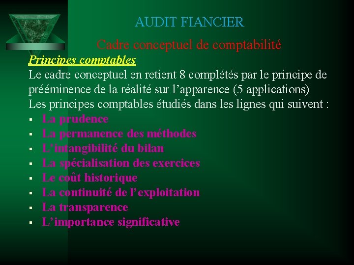 AUDIT FIANCIER Cadre conceptuel de comptabilité Principes comptables Le cadre conceptuel en retient 8